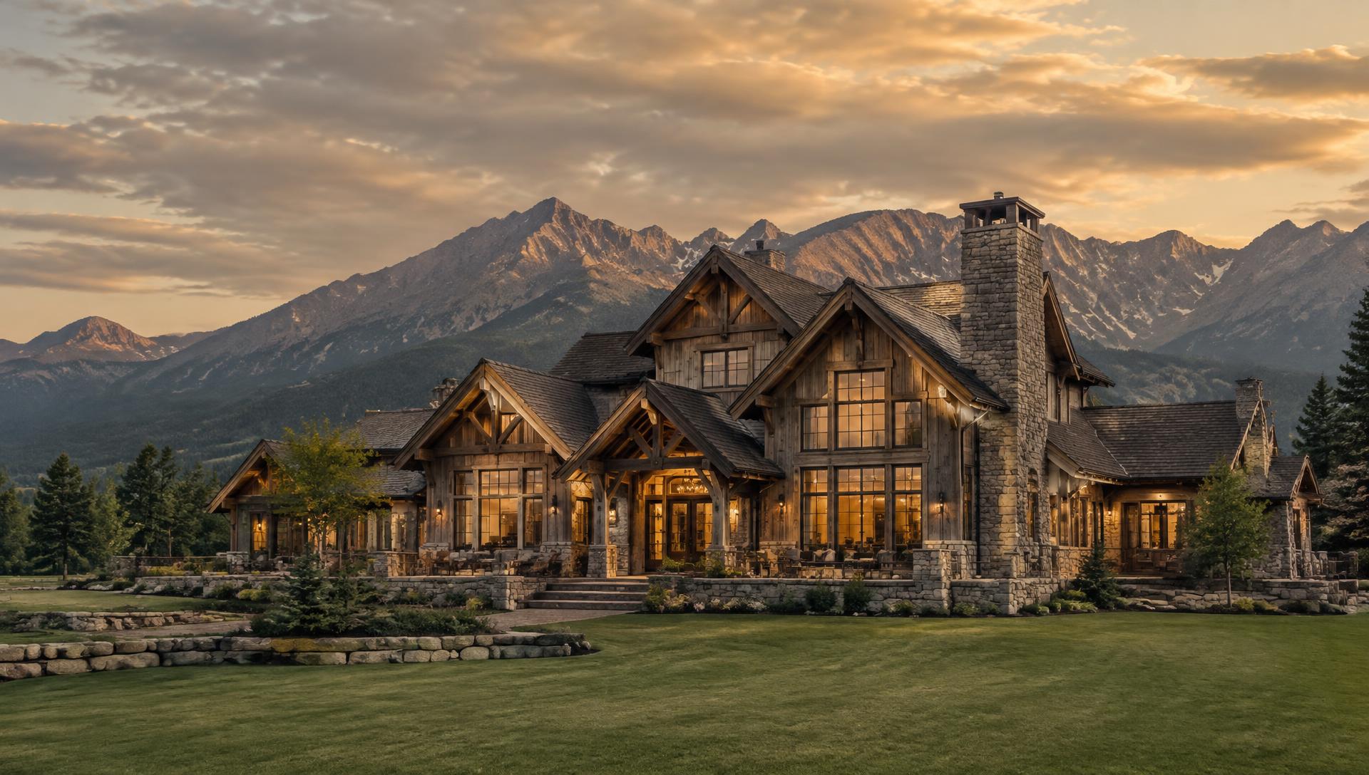 Restored timber and stone mountain residence at sunset
